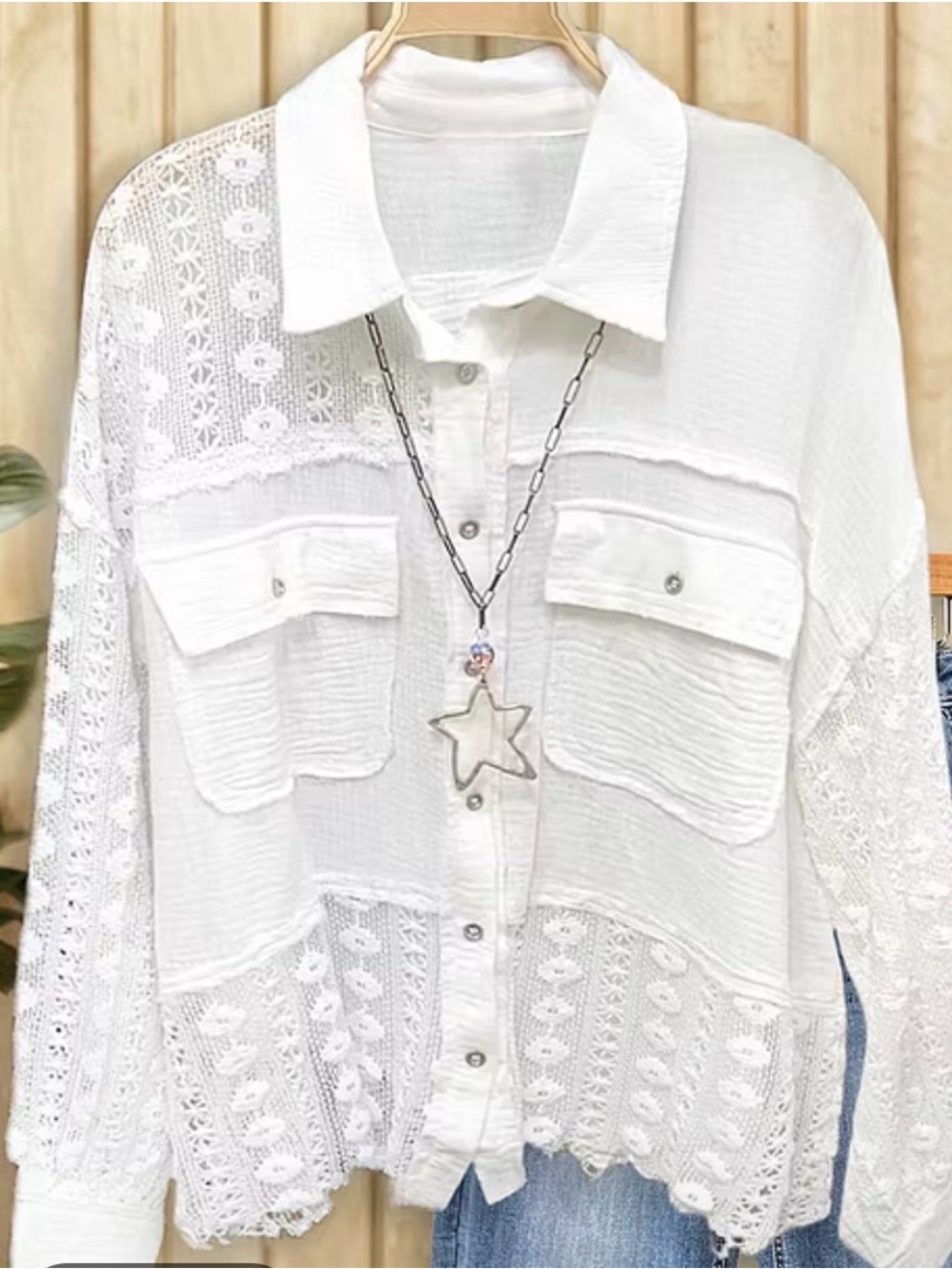 Mint Boutique White Lace Patchwork Urban Button Down Size Medium Large